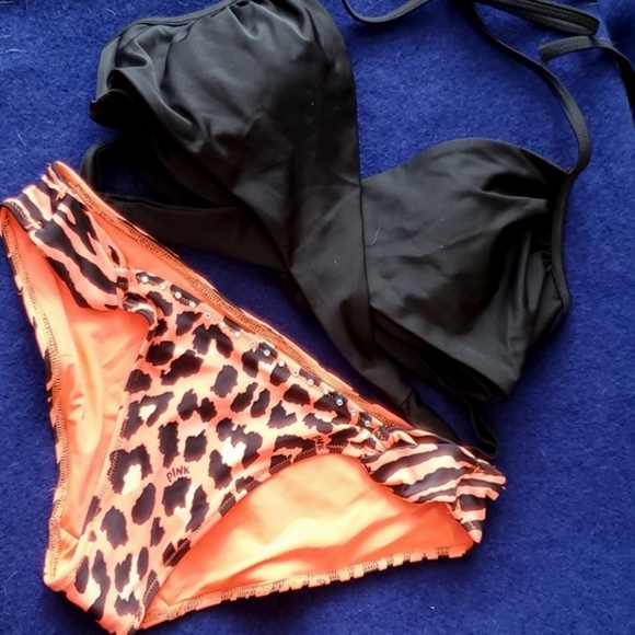 Victoria's Secret Other - Victoria's Secret PINK 34C/M bikini set, neon orange leopard tiger print bottom